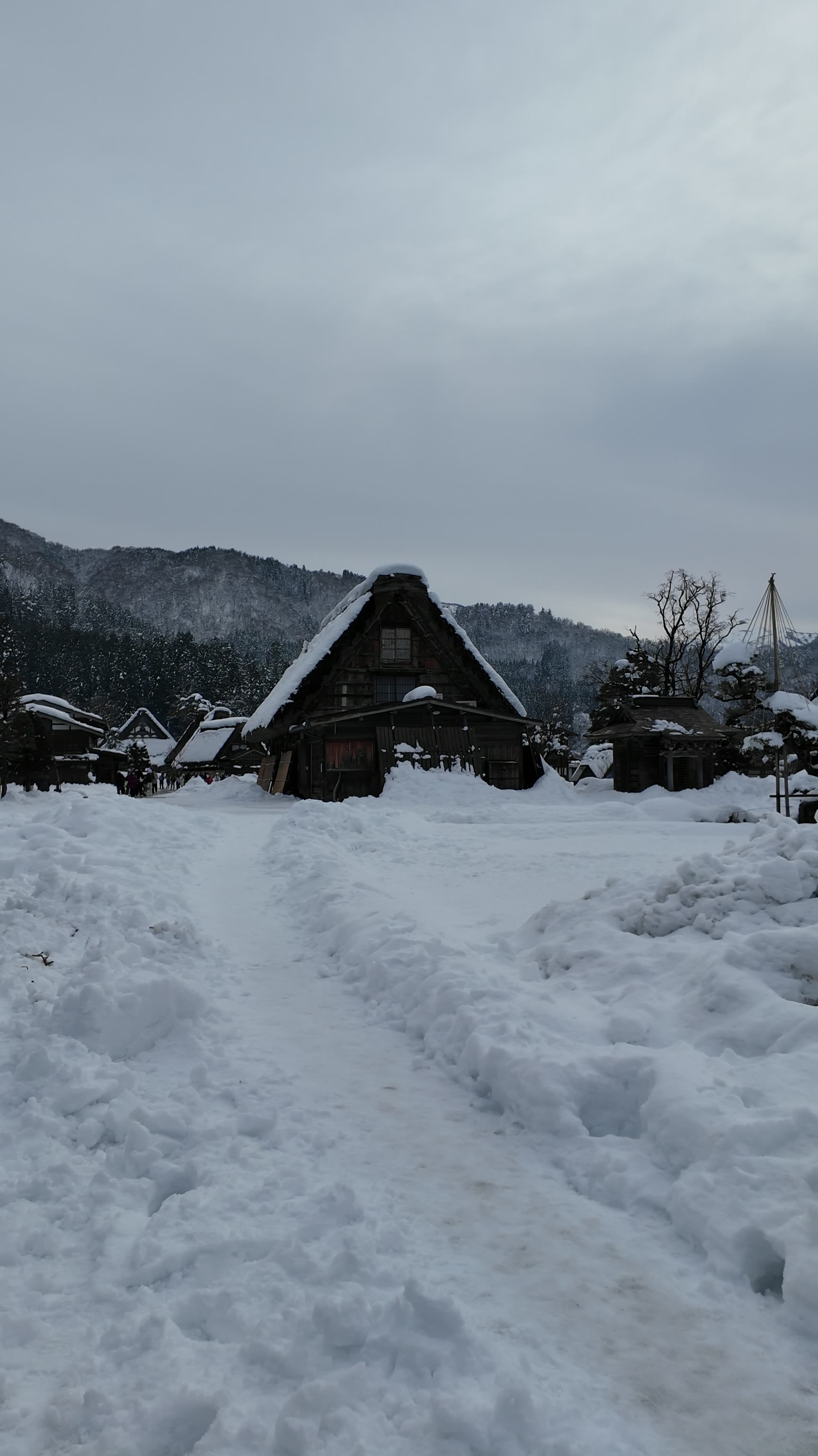 บ้านทรงกัสโชกลางทุ่งหิมะ มีแนวเขาเป็นฉากหลัง